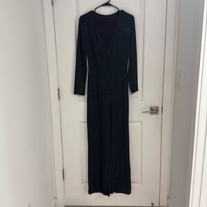 Green Metallic Ribbed Long-Sleeve Jumpsuit – Size Large